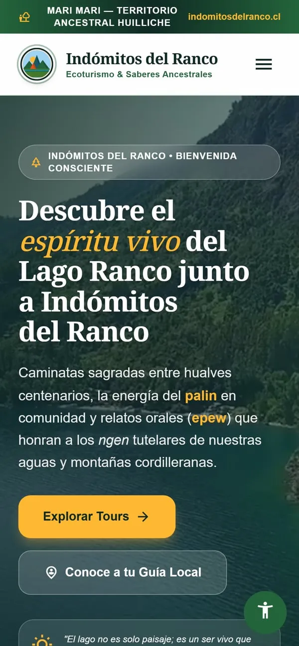 El mismo sitio de Indómitos del Ranco en pantalla de celular: menú hamburguesa, titular sobre el lago Ranco y llamadas a tours y guía local