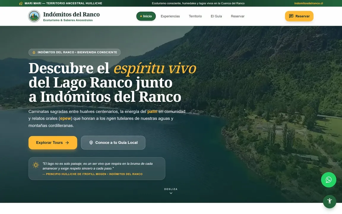 Portada del sitio de Indómitos del Ranco en escritorio: navegación, titular sobre el lago y las cuatro experiencias destacadas