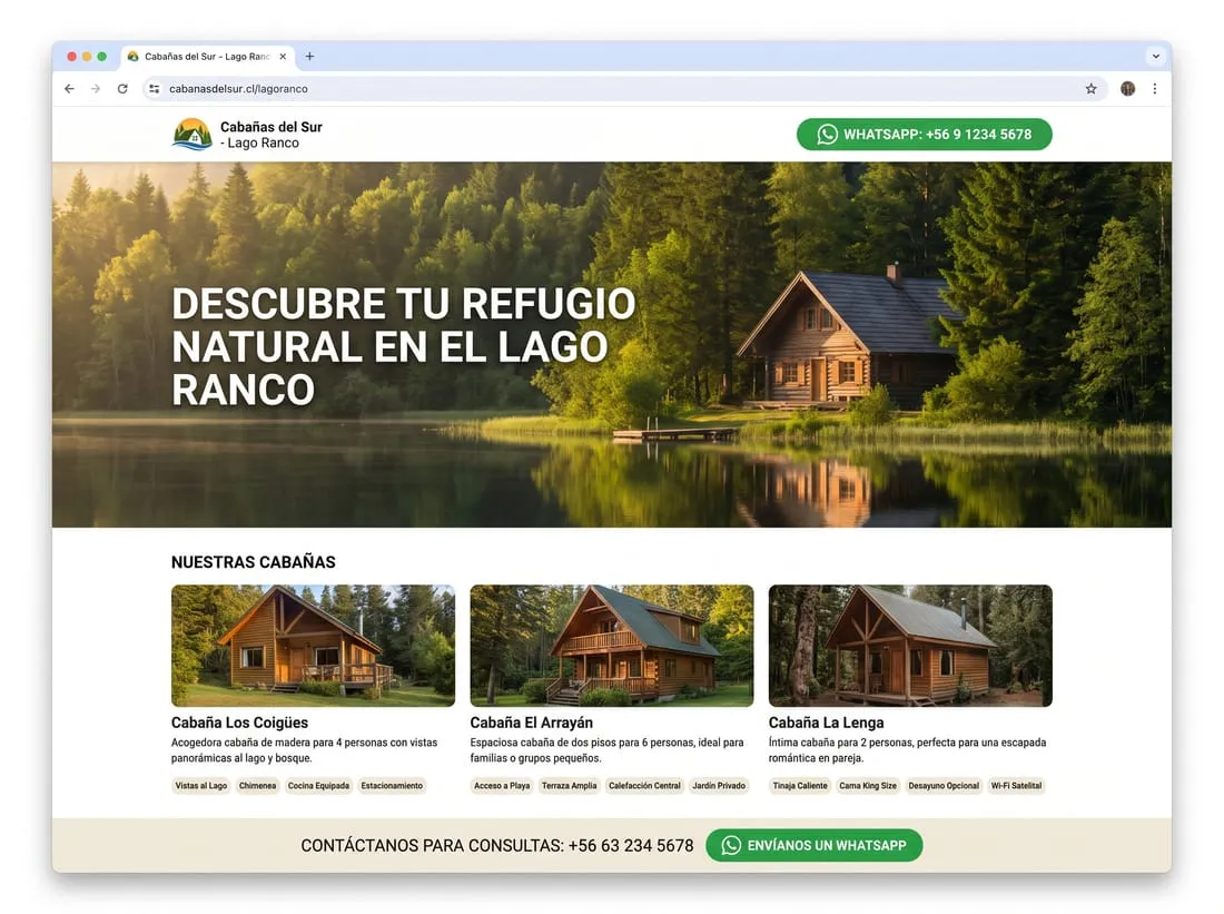 Sitio de ejemplo de un alojamiento de cabañas: portada con fotografía de una cabaña de madera junto a un lago, tres fichas de cabañas con su descripción y amenidades, y contacto directo por WhatsApp