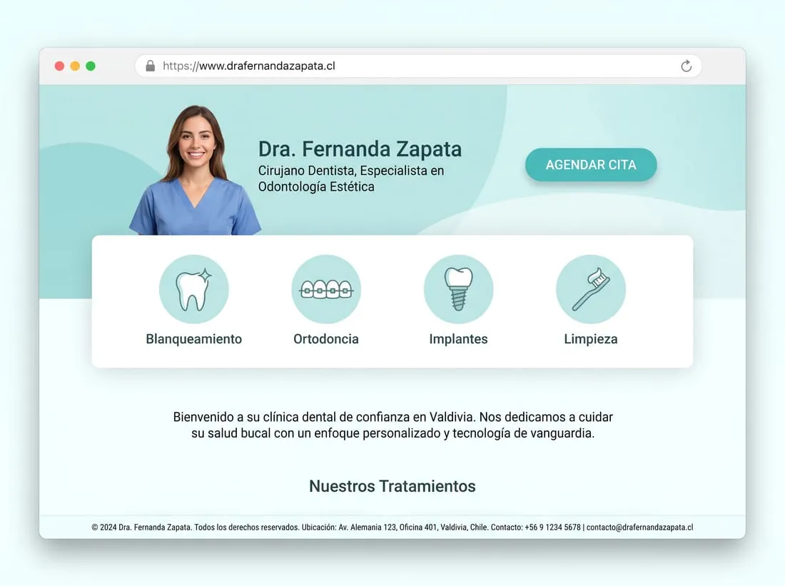 Sitio de ejemplo de una clínica dental: retrato de la profesional, botón de agendar cita y cuatro tratamientos, con la dirección en Valdivia, Chile