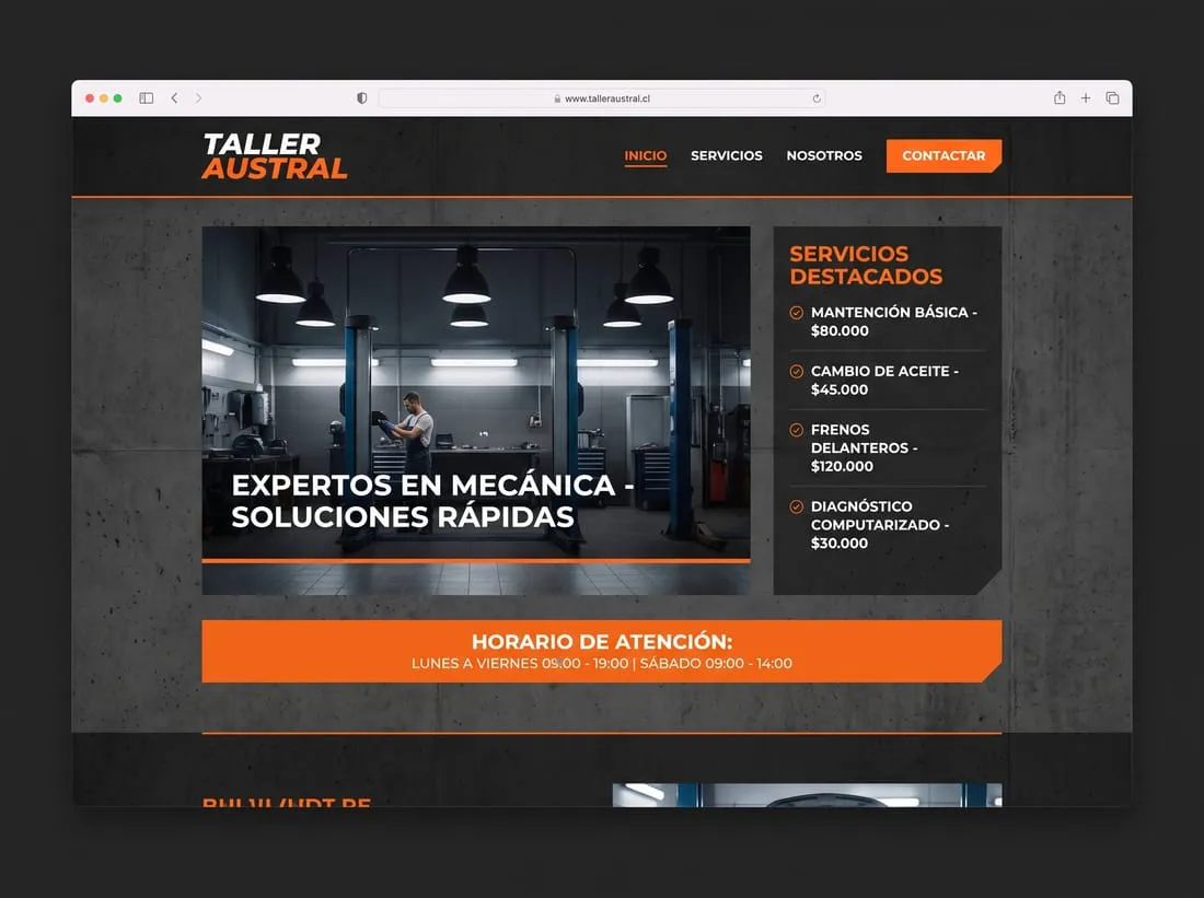 Sitio de ejemplo de un taller mecánico: encabezado con el nombre del taller, fotografía del taller con un mecánico trabajando y una lista de servicios con sus precios